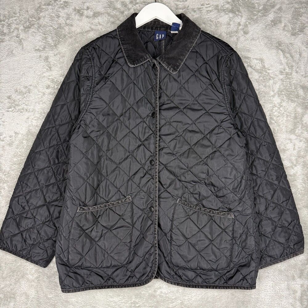 Vtg 90s Gap Quilted Jacket Womens XL Black Corduroy Collar Trim Chore Coat Snap